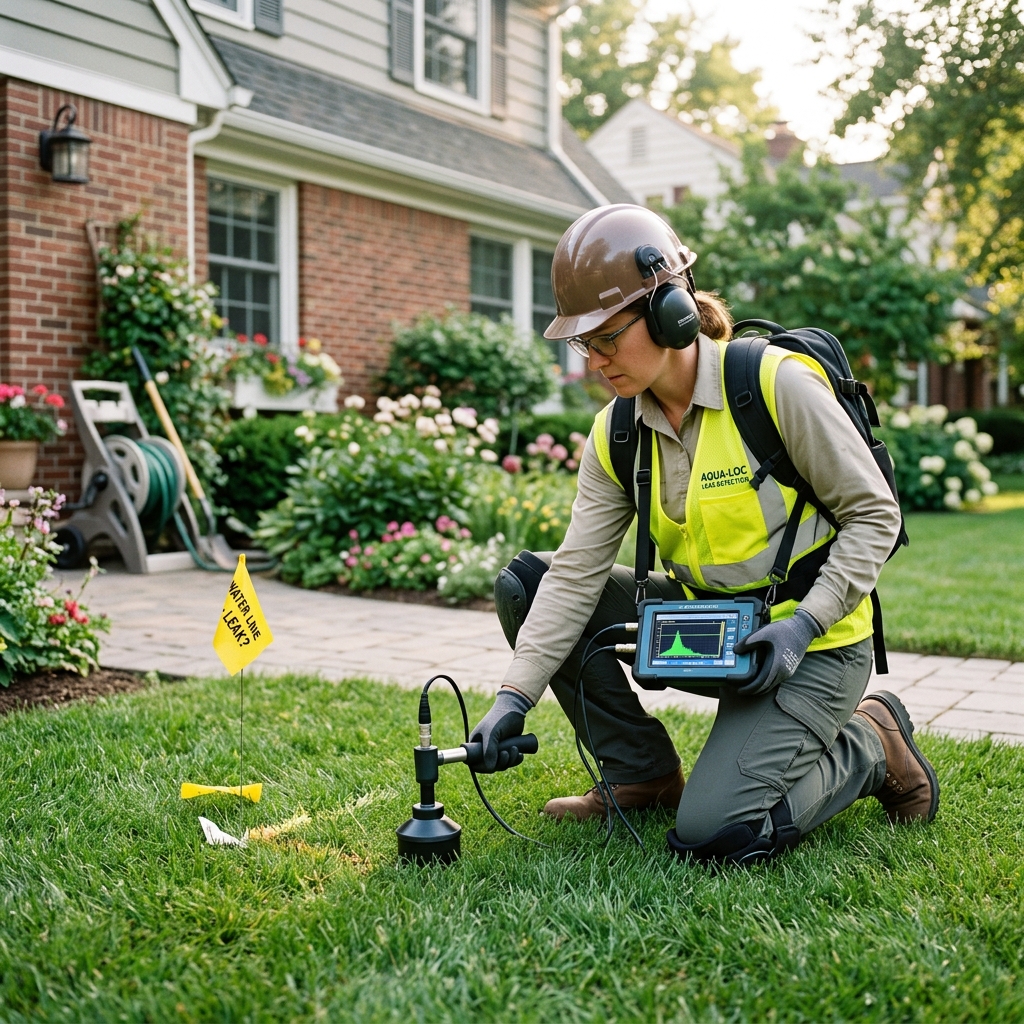 Technician using moisture meter and acoustic sensor to find hidden water leak