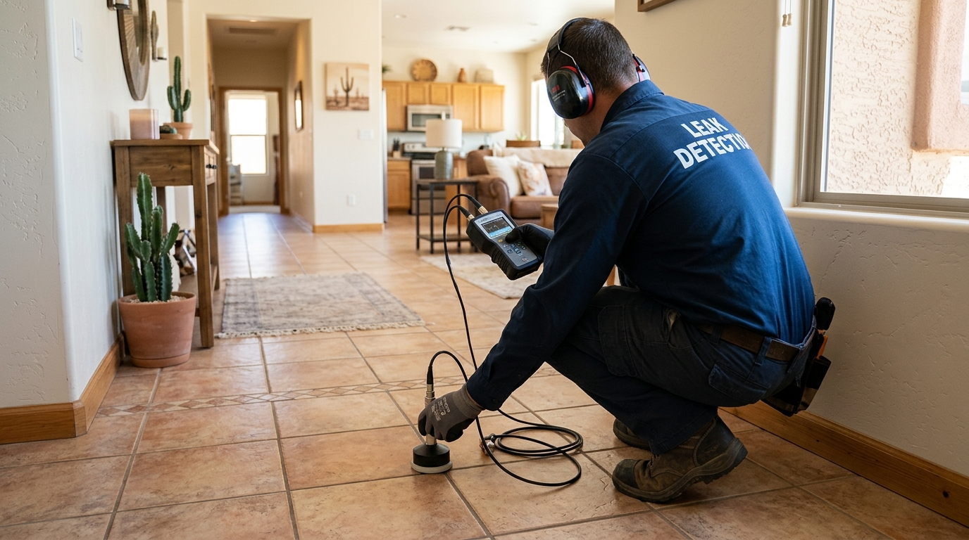 Plumber testing concrete slab for pressurized pipe leaks in a San Clemente home